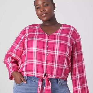 Lane Bryant Button Down Tie Hem Plaid Top Size 14